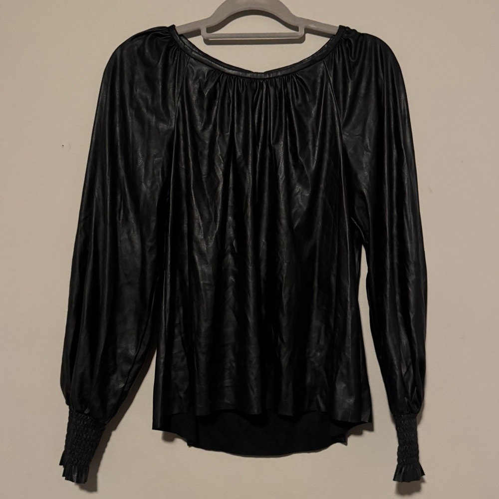 GUC Ramy Brook Black Faux Leather Long Sleeve Blouse with Smocked Cuffs